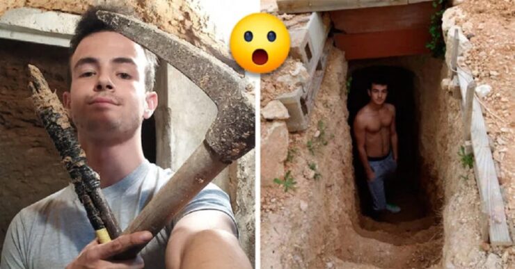 Ragazzo costruisce una grotta in giardino